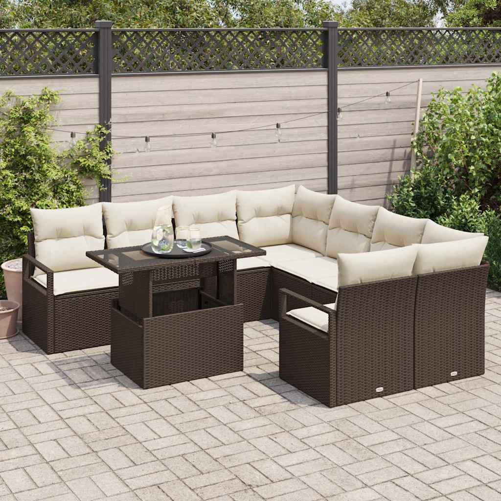 vidaXL 9-delige tuinset met kussens in bruin van poly rattan