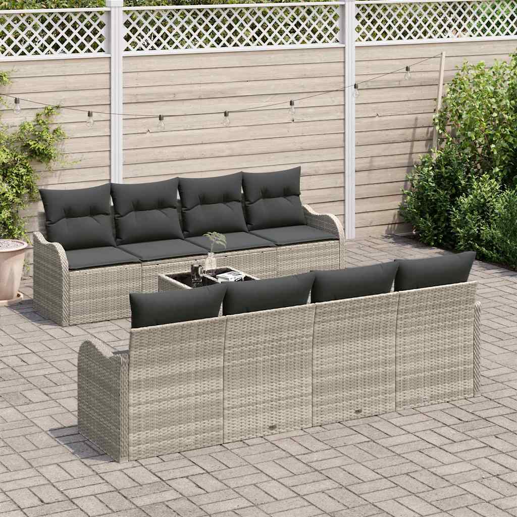 vidaXL 9-delige tuinset met kussens in lichtgrijs poly rattan