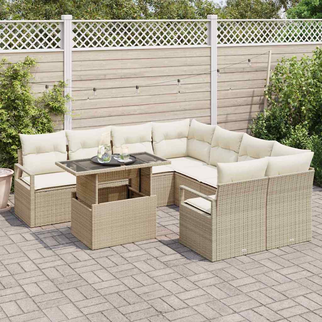 vidaXL 9-delige tuinset met kussens in beige poly rattan