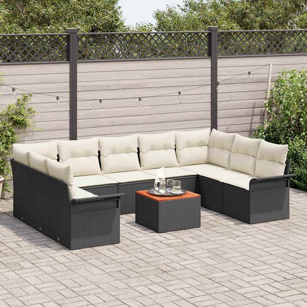 vidaXL 10-delige tuinsofa set met kussens in zwart poly rattan en acacia.