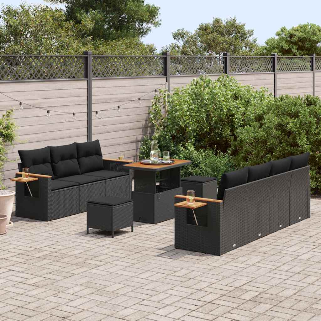 vidaXL 10-delige Tuinbankenset met kussens poly rattan acacia zwart
