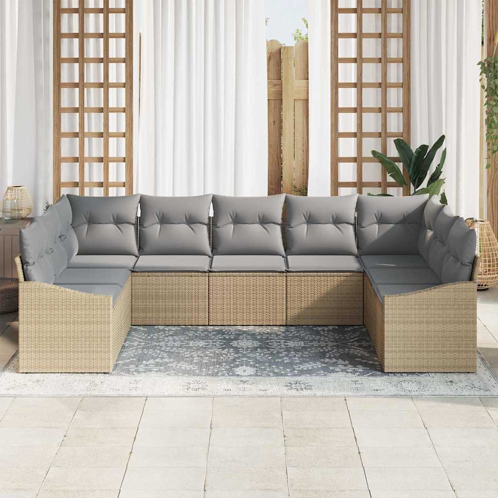 vidaXL 9-delige tuinset met kussens in beige poly rattan