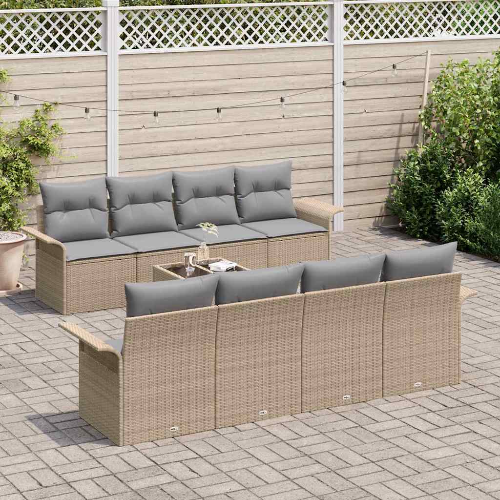vidaXL 9-delige tuinbankset met kussens in beige poly rattan