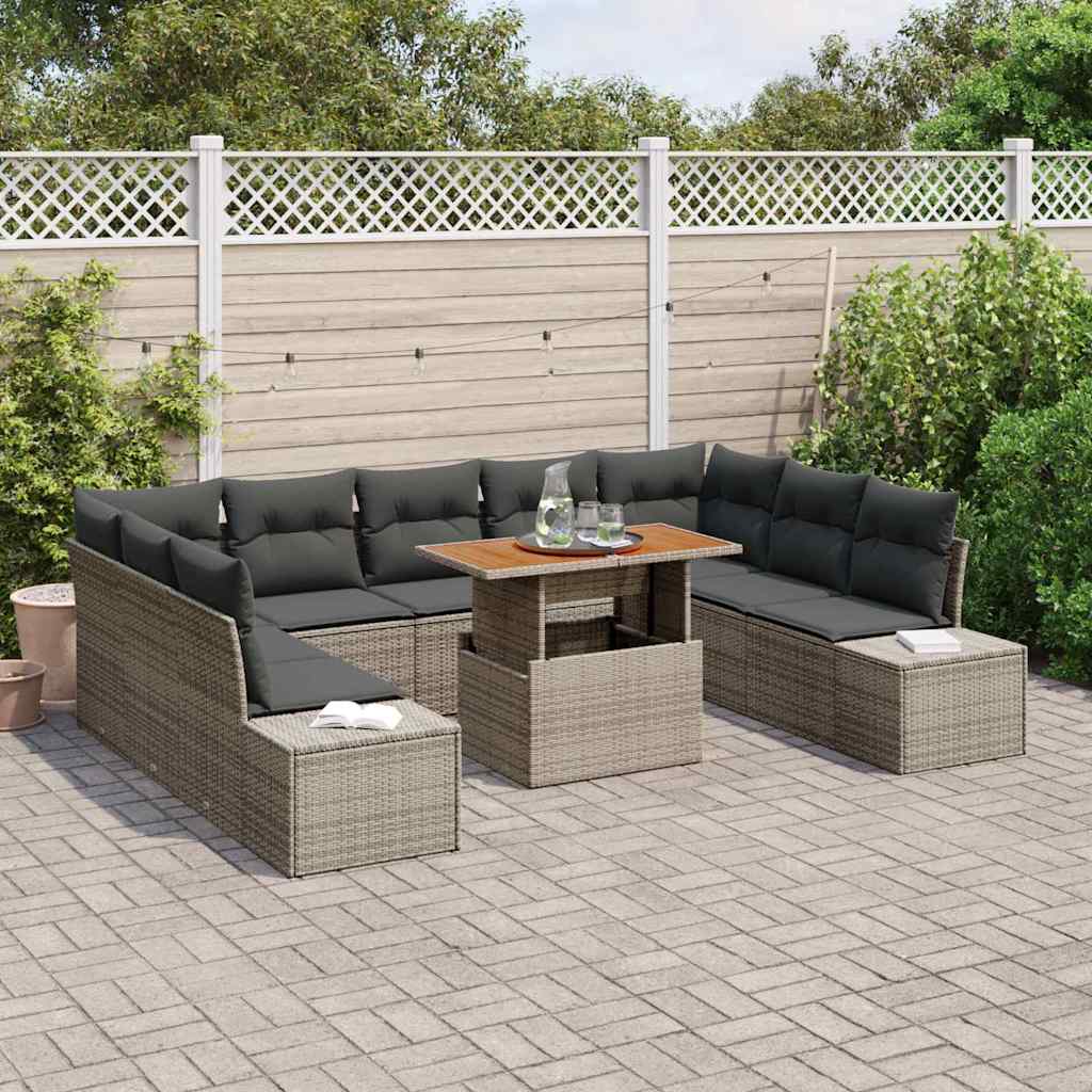 vidaXL 10-delige tuinset met kussens, grijs poly rattan, acacia
