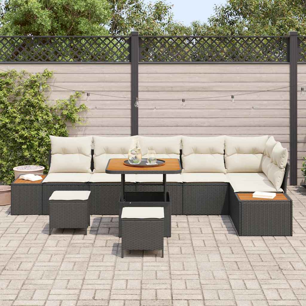 vidaXL 9-delige Tuinbankenset met kussens poly rattan acacia zwart