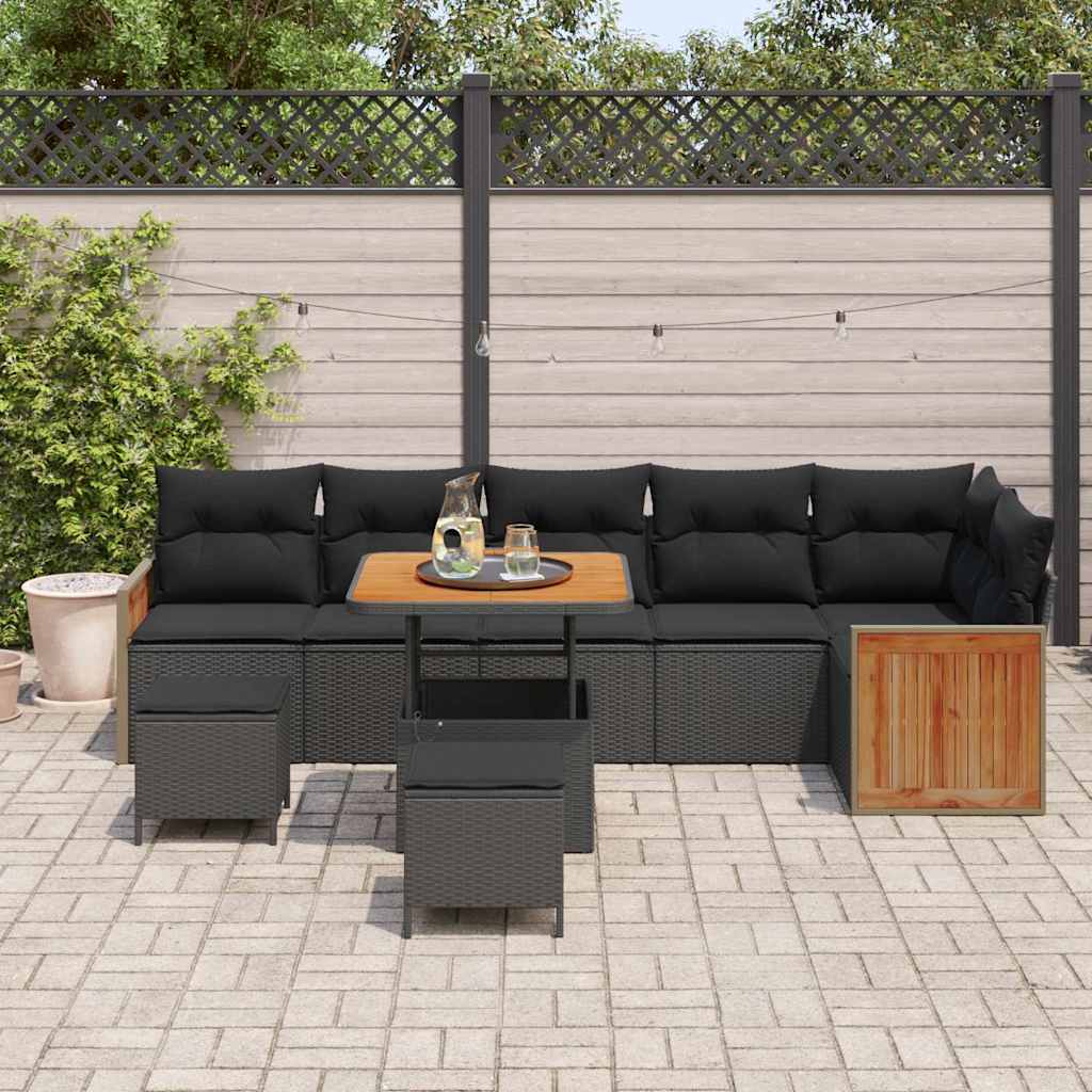 vidaXL 9-delige tuinbank set met kussens zwart poly rattan acacia