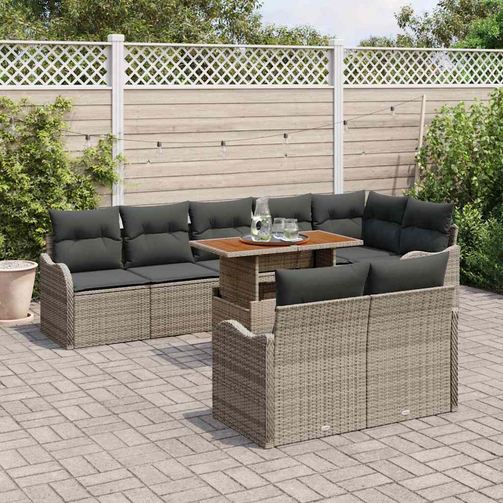 vidaXL 9-delige loungeset met kussens, grijs poly riet, acacia