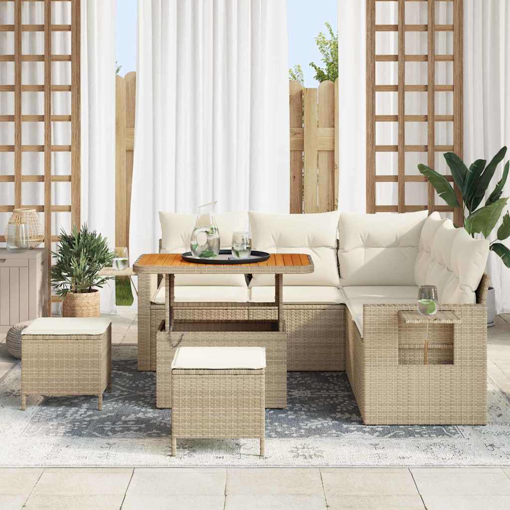 vidaXL 8-delige tuinset met kussens in beige van poly rattan en acacia