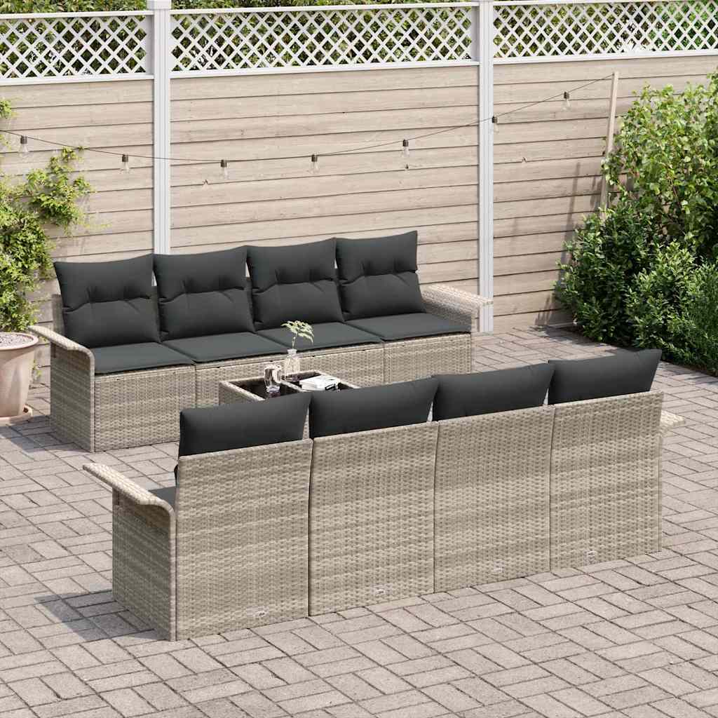vidaXL 9-delige Tuinbankset met Kussens Lichtgrijs Poly Rattan