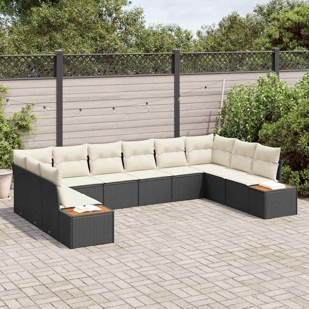 vidaXL 10-delige Tuinbankenset met kussens poly rattan acacia zwart