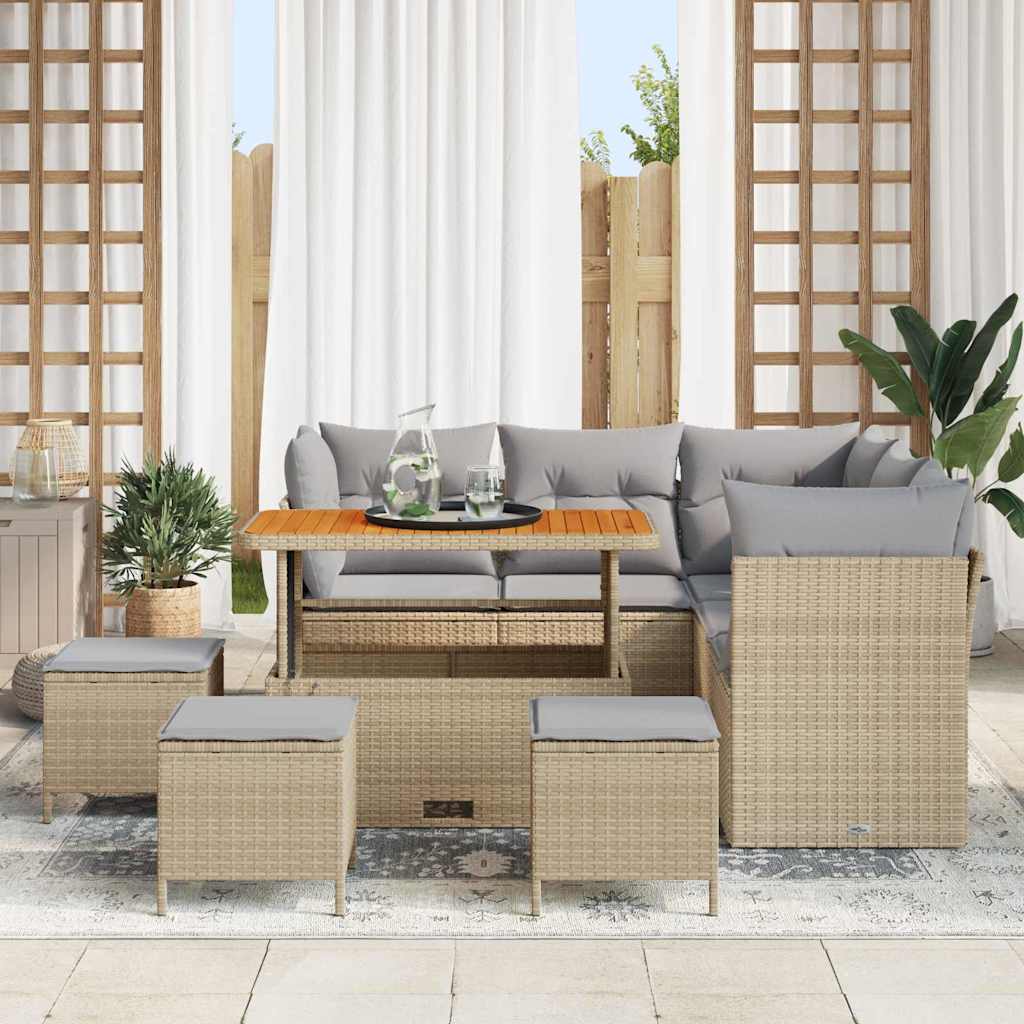 vidaXL 9-delige tuinbankset met kussens in beige poly rattan en acacia