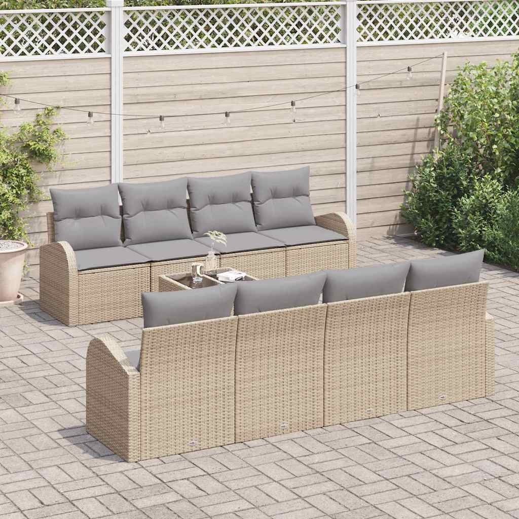 vidaXL 9-delige tuinset met kussens in beige poly rattan