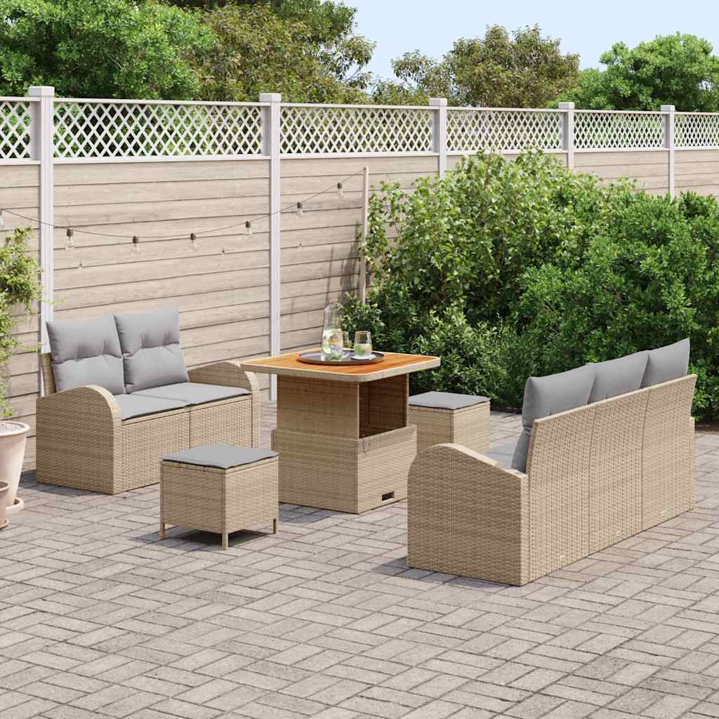 vidaXL 8-delige tuinset met kussens in beige poly rattan en acacia