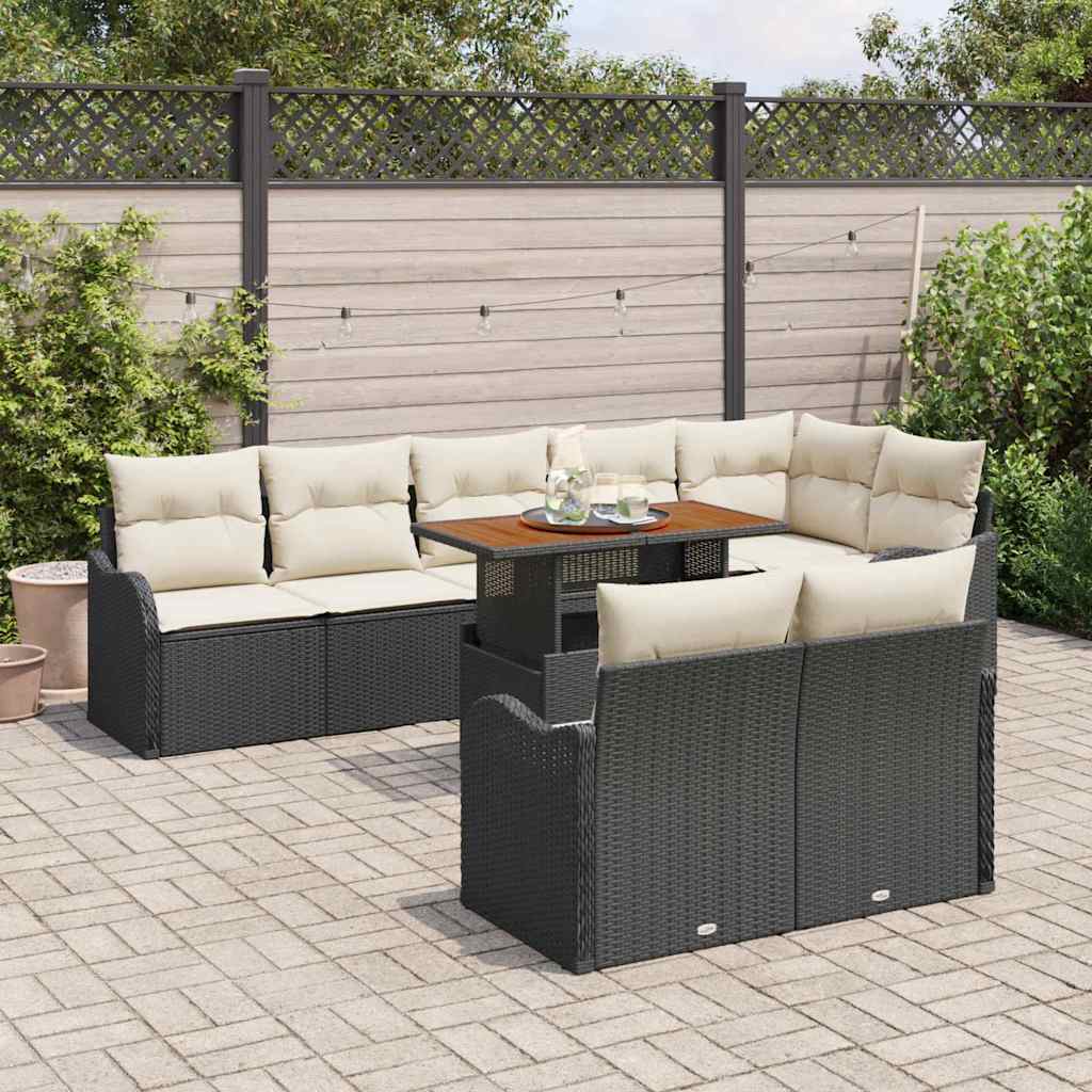 vidaXL 9-delige tuinset met kussens, zwart poly rattan, acacia
