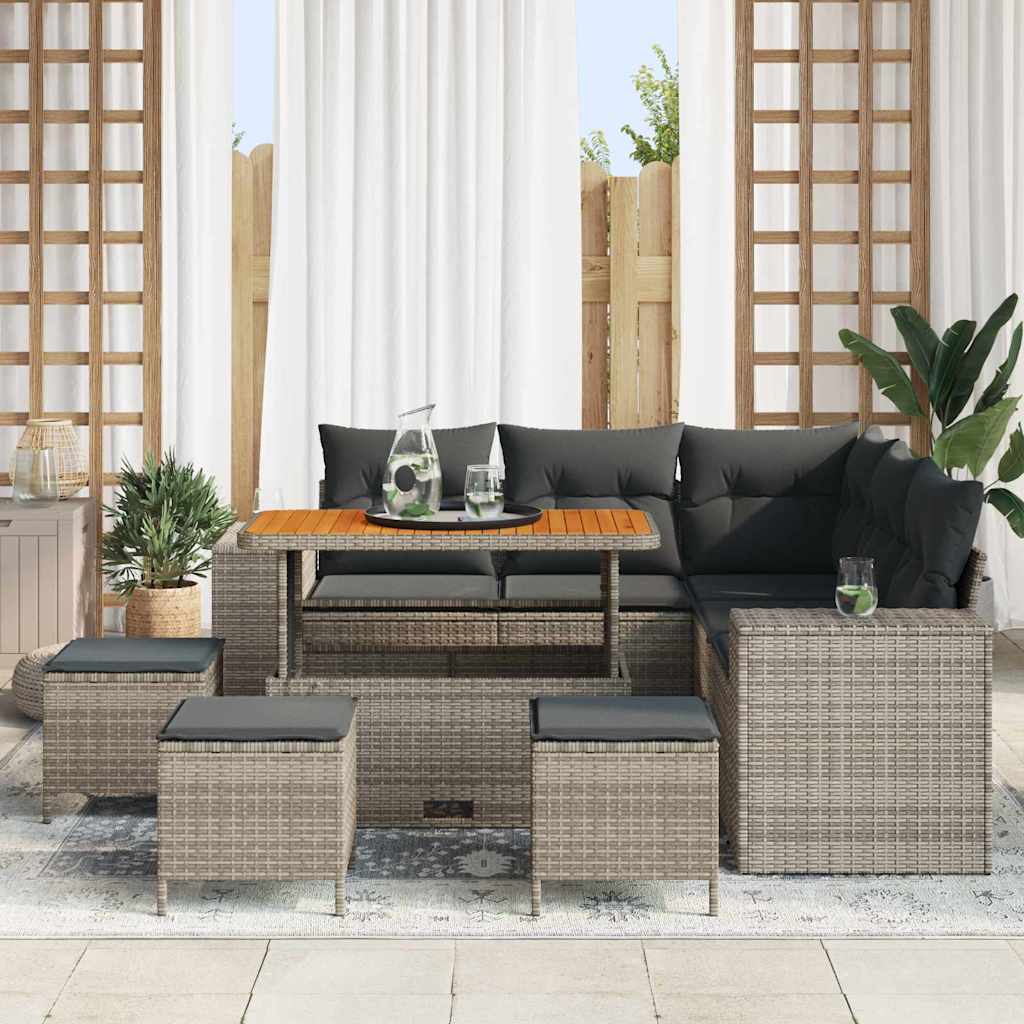 vidaXL 9-delige Tuinbankenset met kussens poly rattan acacia grijs