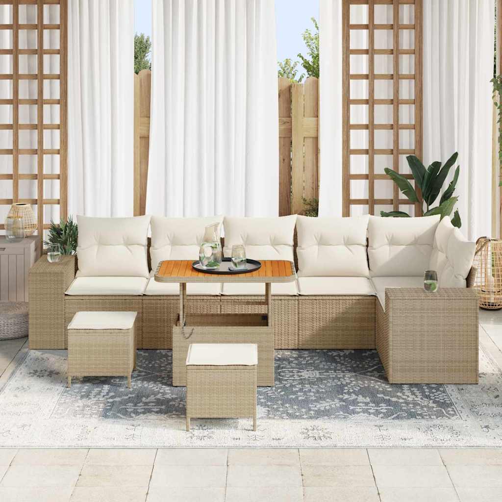 vidaXL 9-delige Tuinbankenset met kussens poly rattan acacia beige
