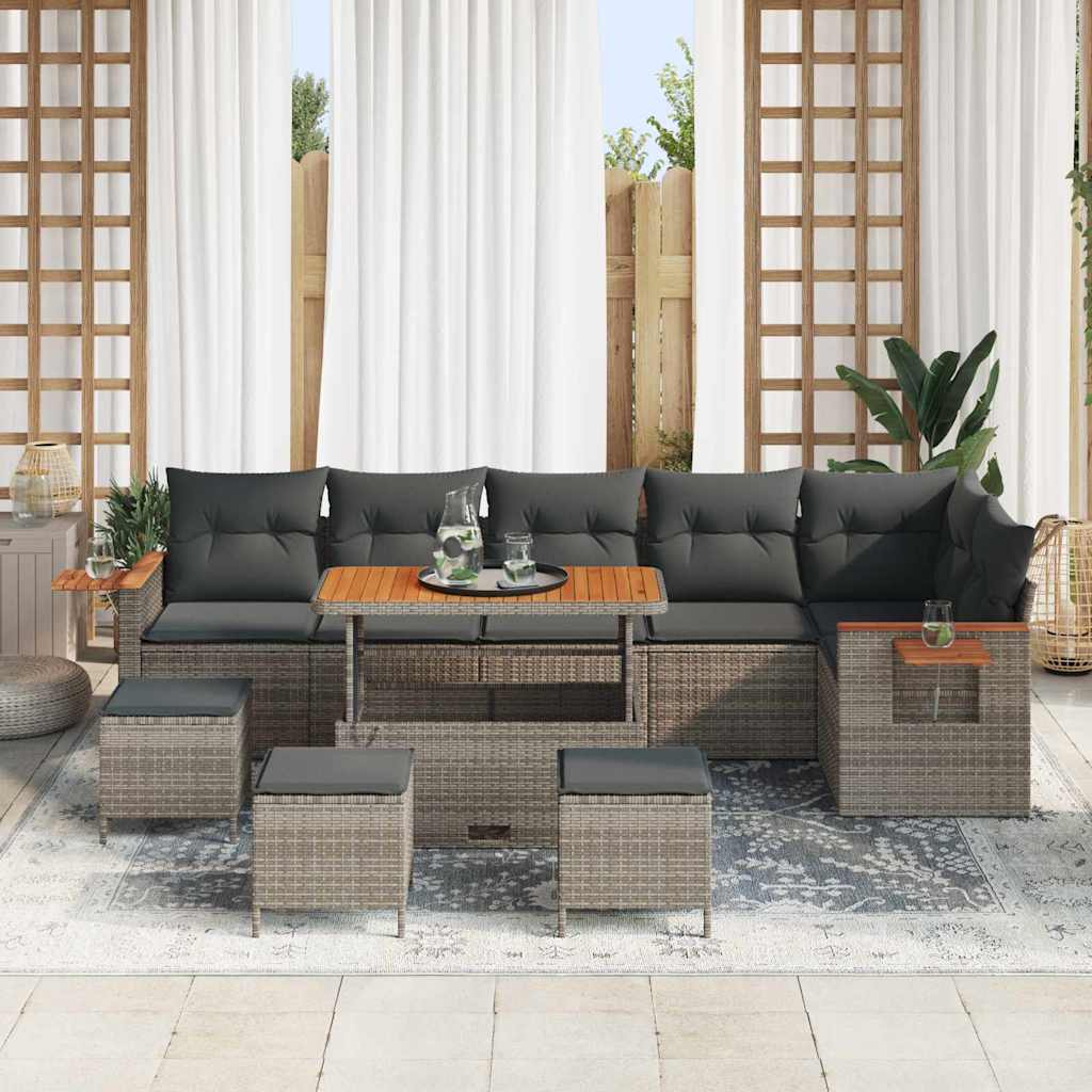 vidaXL 10-delige Tuinbankenset met kussens poly rattan acacia grijs