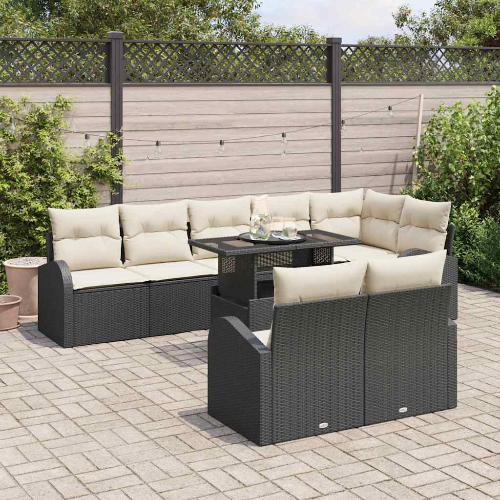 vidaXL 9-delige tuinbankset met kussens in zwart poly rattan