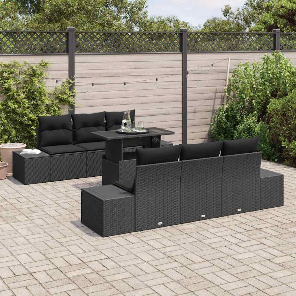 vidaXL 7-delige Tuinbankenset met kussens poly rattan zwart