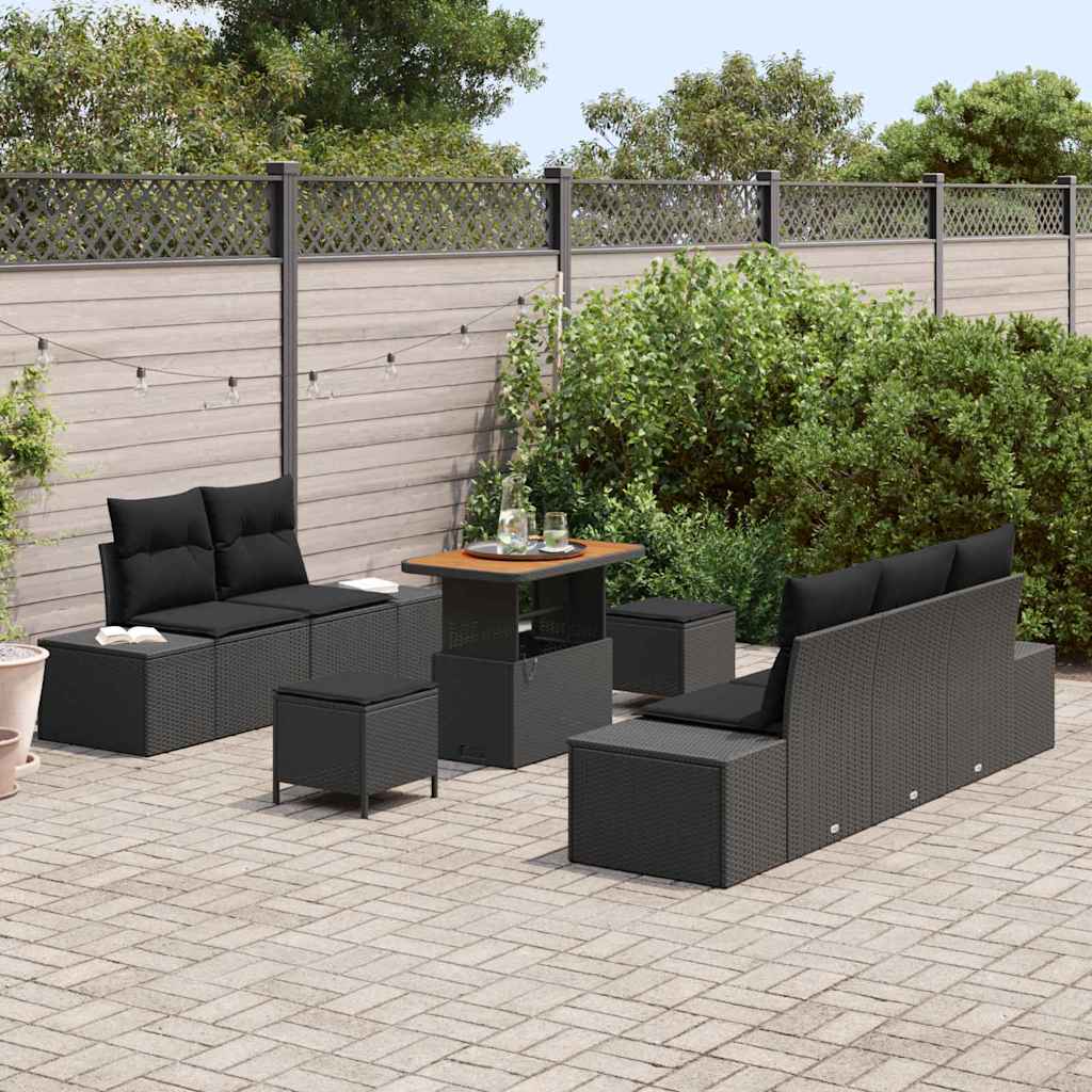 vidaXL 8-delige tuinset met kussens in zwart poly rattan en acaciahout