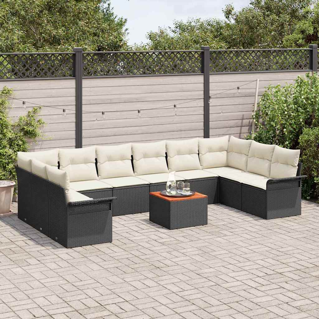 vidaXL 11-delige tuinsofa set met kussens in zwart poly rattan en acacia