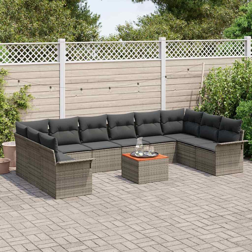 vidaXL 11-delige tuinset met kussens - Grijs Poly Rattan en Acacia