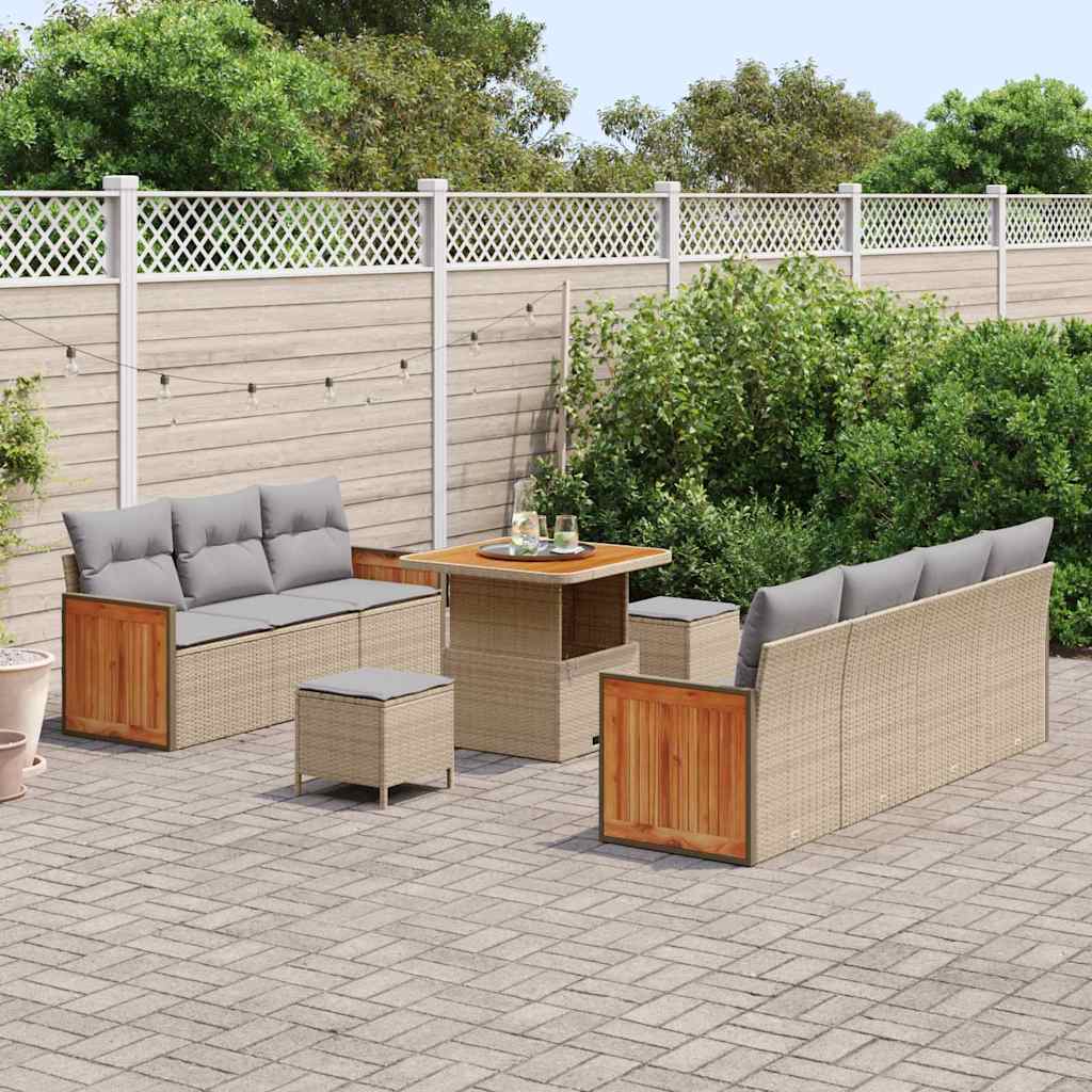 vidaXL 10-delige tuinsofa set met kussens in beige poly rattan en acacia