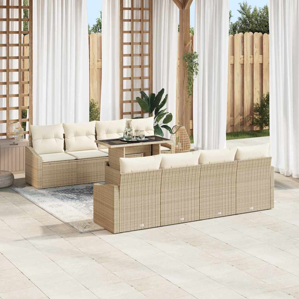 vidaXL 9-delige tuinset met kussens in beige poly rattan