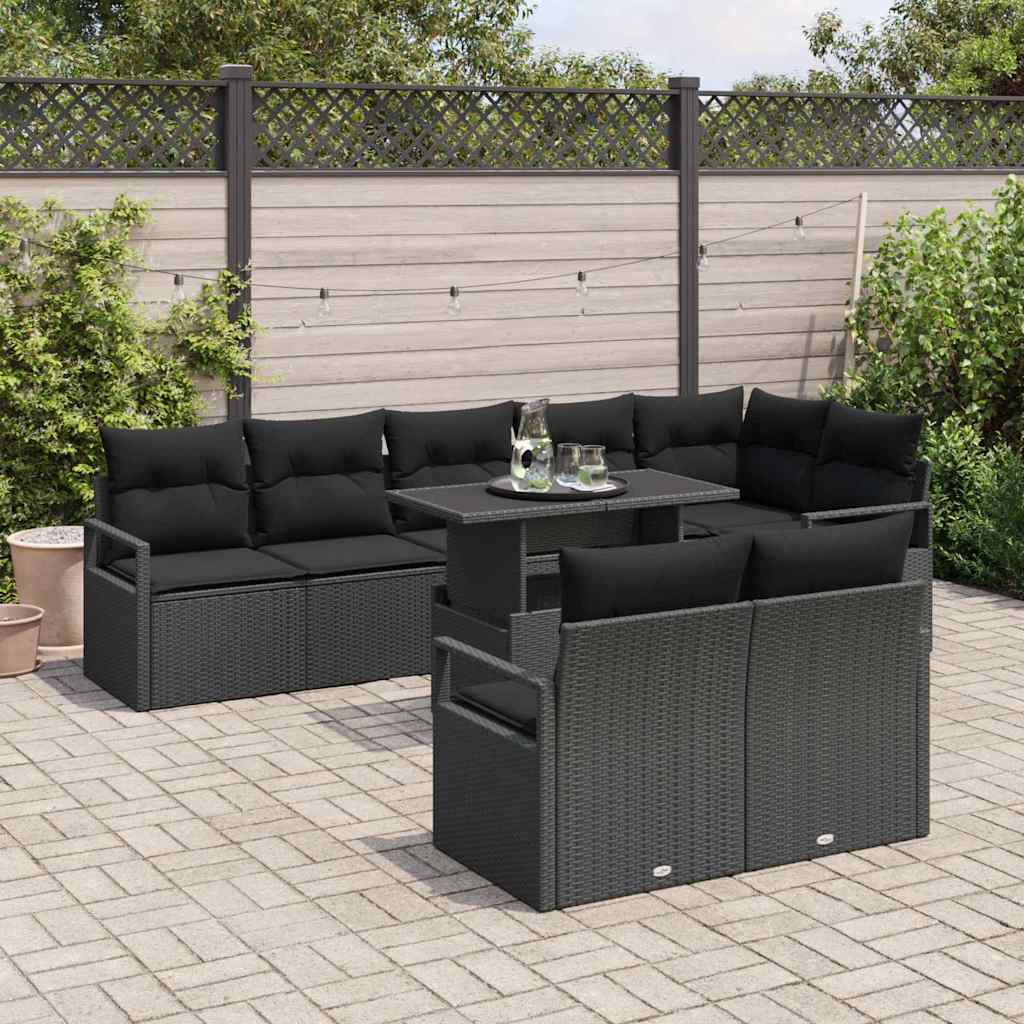 vidaXL 9-delige tuinsofa set met kussens in zwart poly rattan