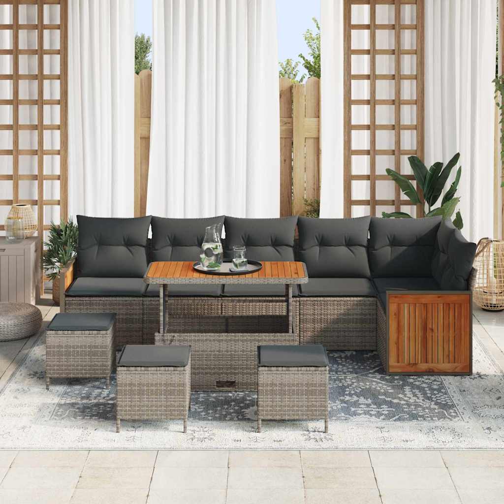 vidaXL 10-delige Tuinbankenset met kussens poly rattan acacia grijs