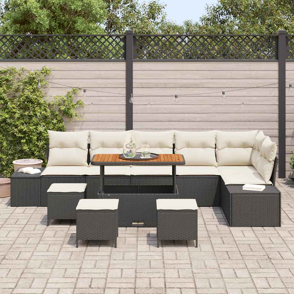 vidaXL 10-delige tuinsofa set met kussens, zwart poly rattan en acacia