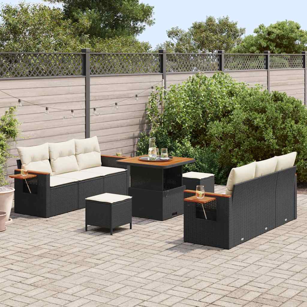 vidaXL 9-delige tuinset met kussens in zwart poly rattan en acacia