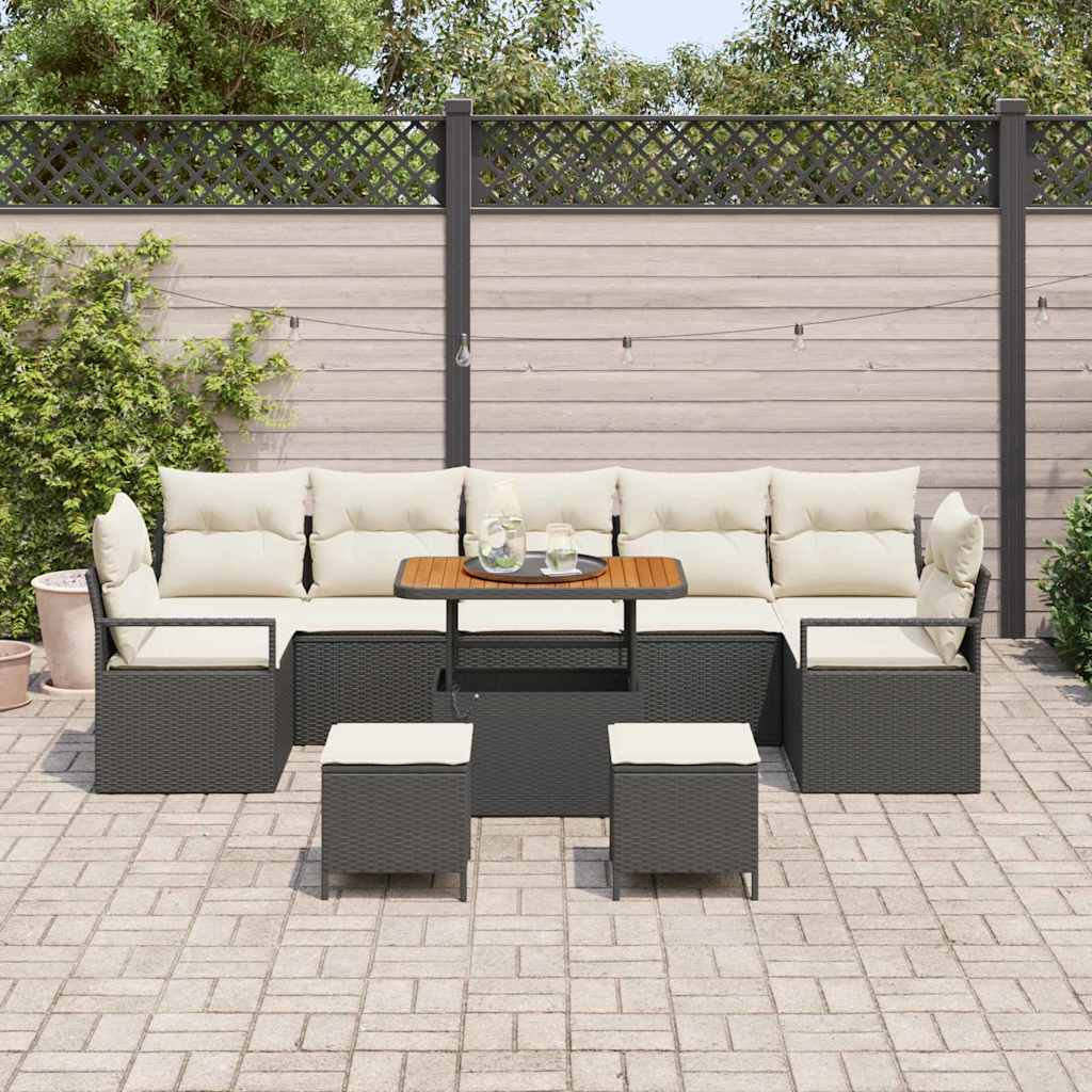 vidaXL 10-delige Tuinbank Set met Kussens Zwart Poly Rattan Acacia