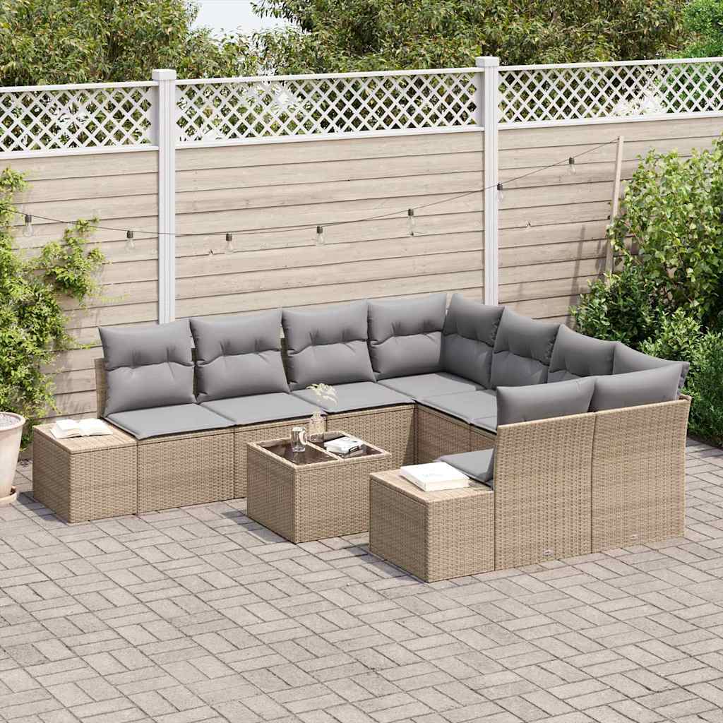 vidaXL 9-delige tuinbankset met kussens in beige poly riet