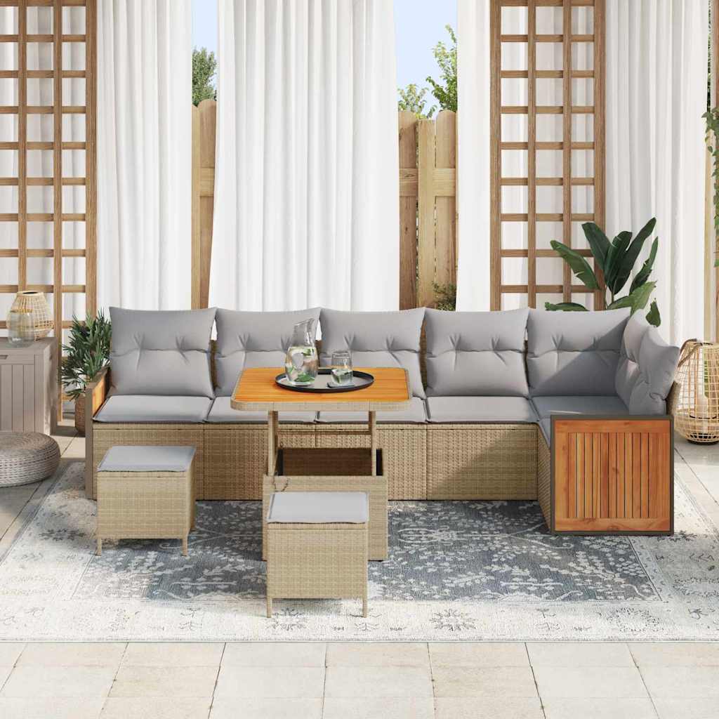 vidaXL 9-delige tuinset met kussens in het beige van poly rattan en acacia