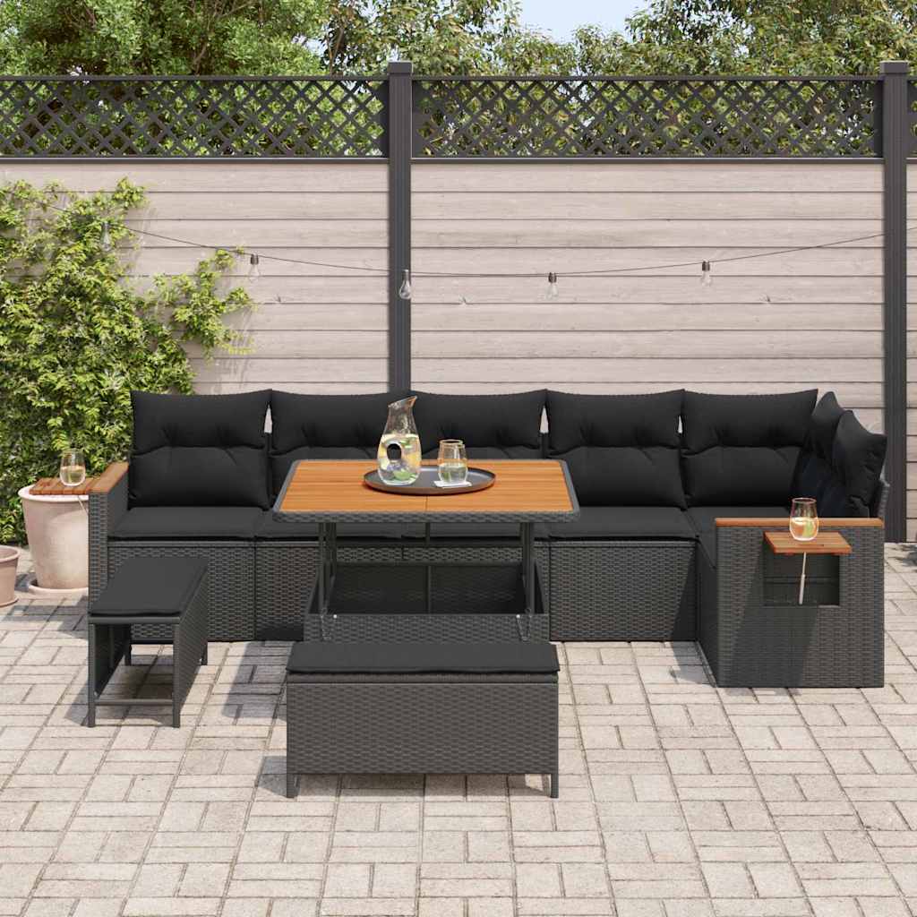 vidaXL 9-delige Tuinbankenset met kussens poly rattan acacia zwart