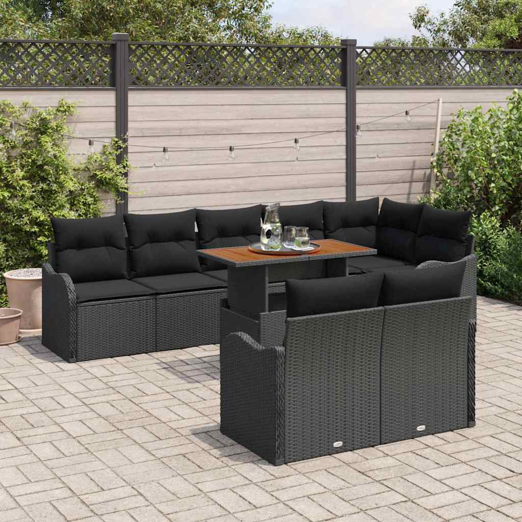 vidaXL 9-delige tuinsofaset met kussens - Zwart poly rattan en acacia