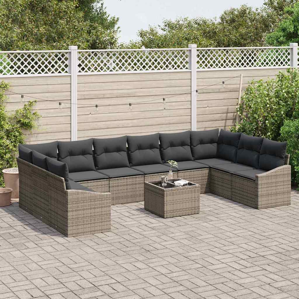 vidaXL 11-delige tuintafelset met kussens in grijs van poly rattan