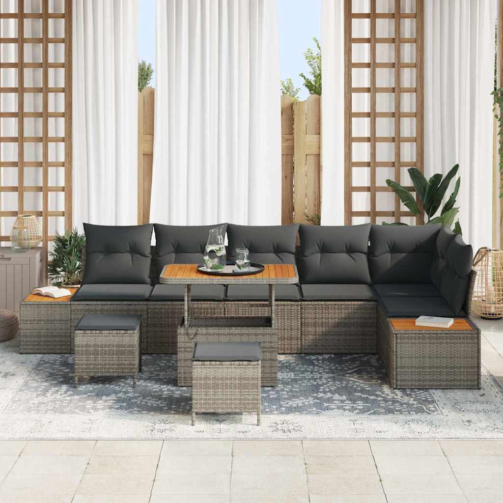 vidaXL 9-delige Tuinbankenset met kussens poly rattan acacia grijs