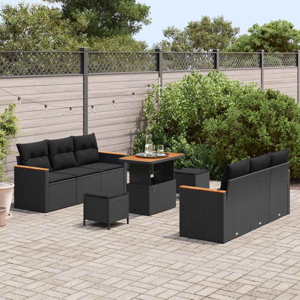 vidaXL 9-delige Tuinbankenset met kussens poly rattan acacia zwart