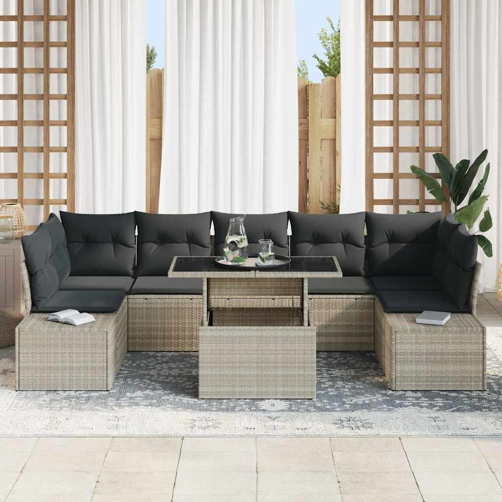 vidaXL 8-delige Tuinbankenset met kussens poly rattan lichtgrijs