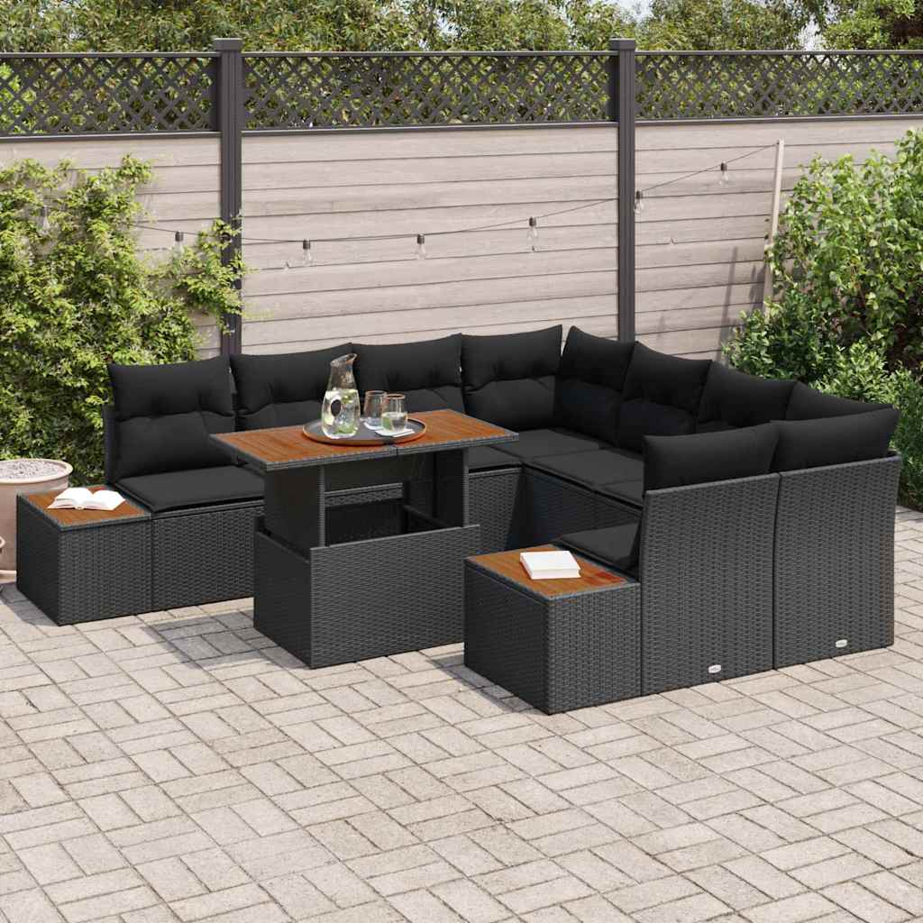vidaXL 9-delige tuinset met kussens in zwart poly rattan en acacia