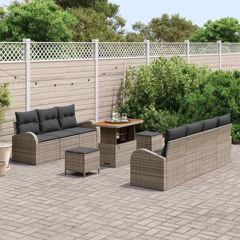 vidaXL 10-delige tuinset met kussens in grijs, van poly rattan en acacia