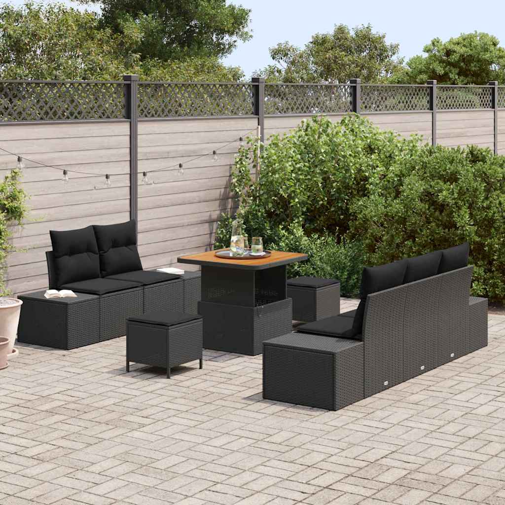 vidaXL 8-delige Tuinsofa Set met Kussens Zwart Poly Rattan Acacia