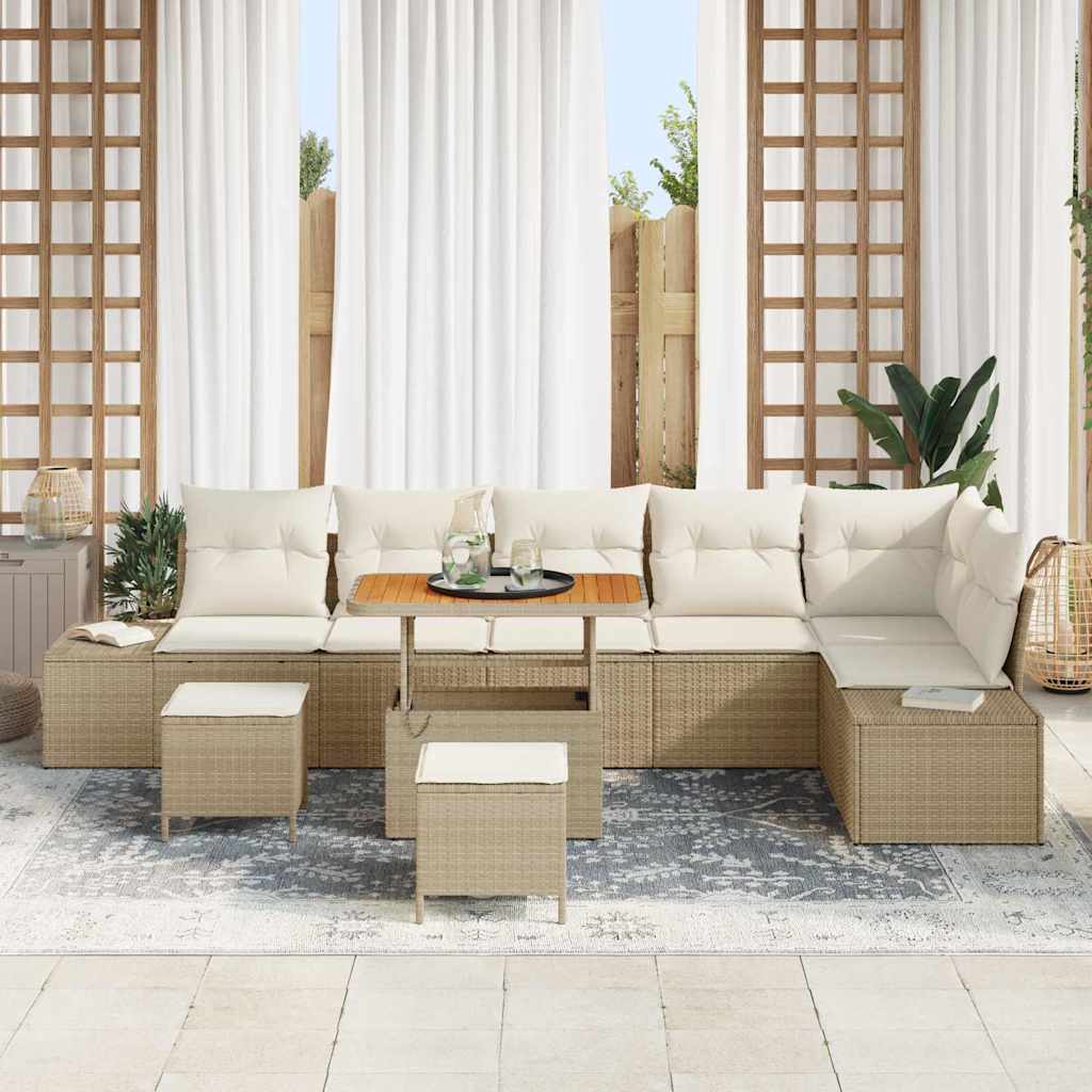 vidaXL 9-delige ligbedset met kussens - Beige Poly Rattan Acacia