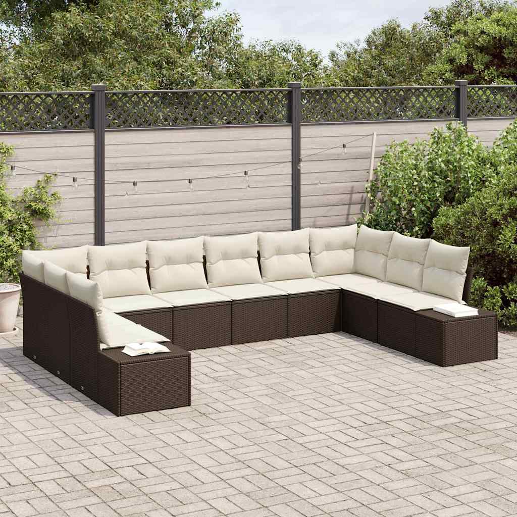 vidaXL 10-delige tuinbankset met kussens in het bruin van poly rattan