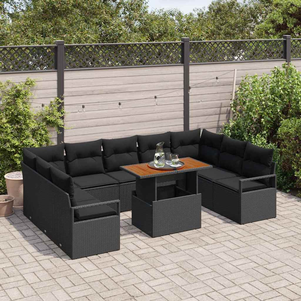 vidaXL 10-delige Tuinbankenset met kussens poly rattan acacia zwart