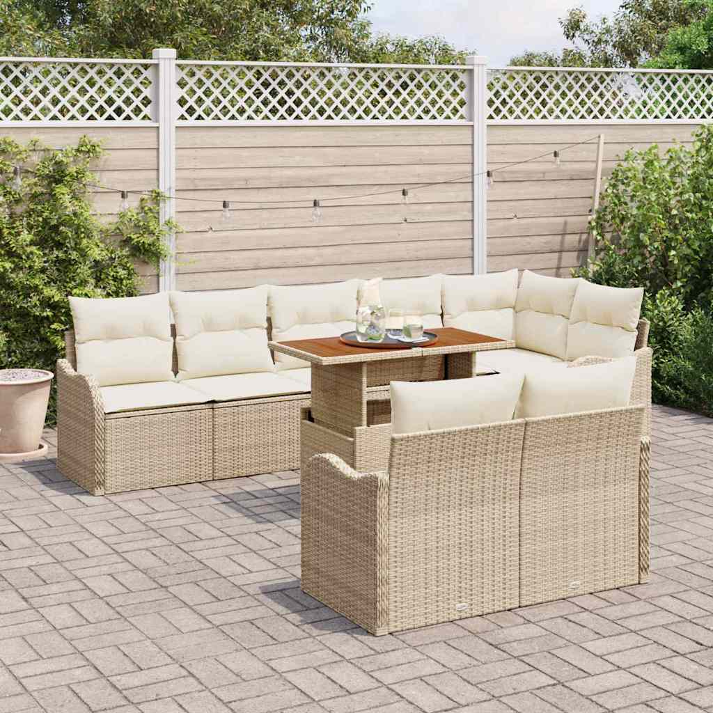 vidaXL 9-delige Tuinbankenset met kussens poly rattan beige acacia