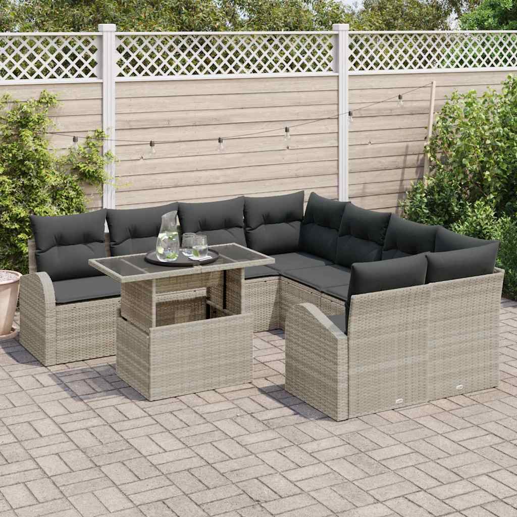 vidaXL 9-delige tuinset met kussens in lichtgrijs poly rattan