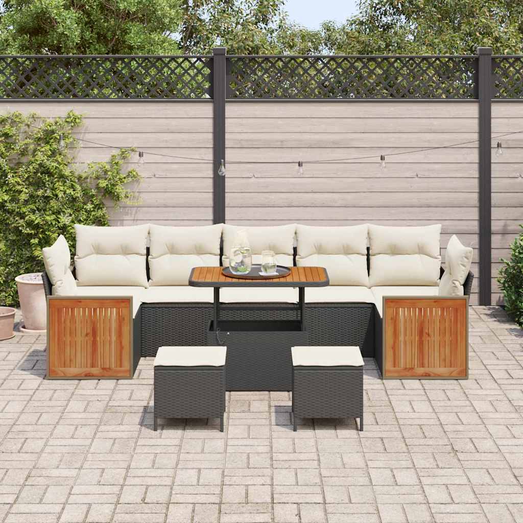 vidaXL 10-delige ligbedset met kussens zwart poly rattan acaciahout